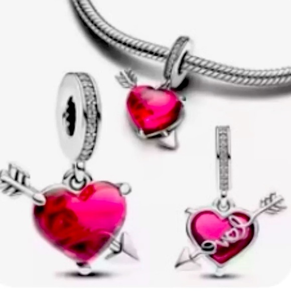 Red Heart & Love Arrow Sterling Silver S925 and Murano Glass Dangle Charm - Picture 1 of 6